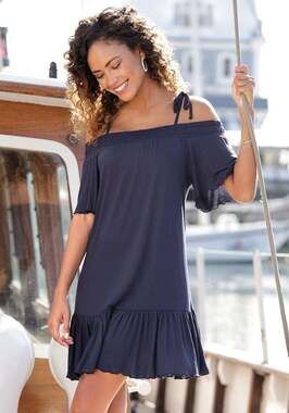 Lascana Women's Navy Blue Off-the-Shoulder Ruffle Hem Mini Dress